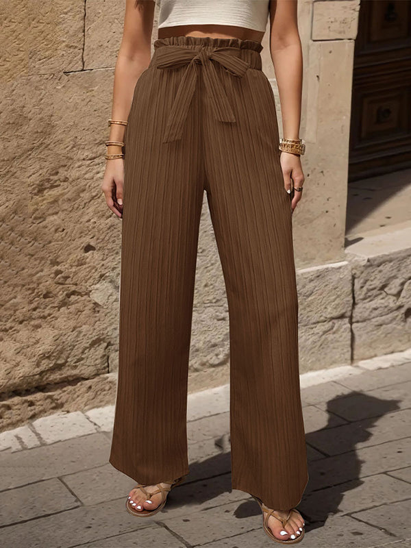 Elasticity Pleated Solid Color Tied Waist High Waisted Loose Trousers Pants