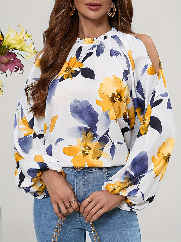 Elasticity Flower Print Pleated Long Sleeves Loose Cold Shoulder Blouses&Shirts Tops
