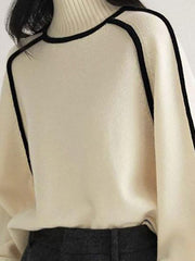 Contrast Color Split-Joint Long Sleeves Loose High Neck Sweater Tops Pullovers