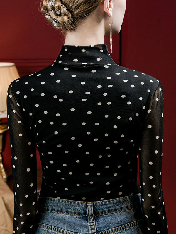 Polka-Dot Long Sleeves Plus Size Mock Neck T-Shirts Tops