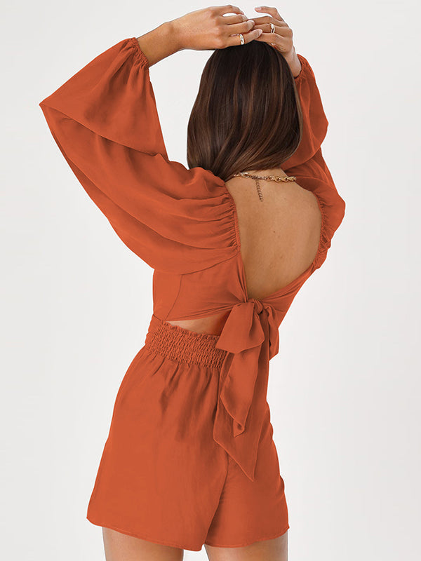 Backless Elasticity Solid Color Tied High Waisted Long Sleeves Square-Neck Rompers