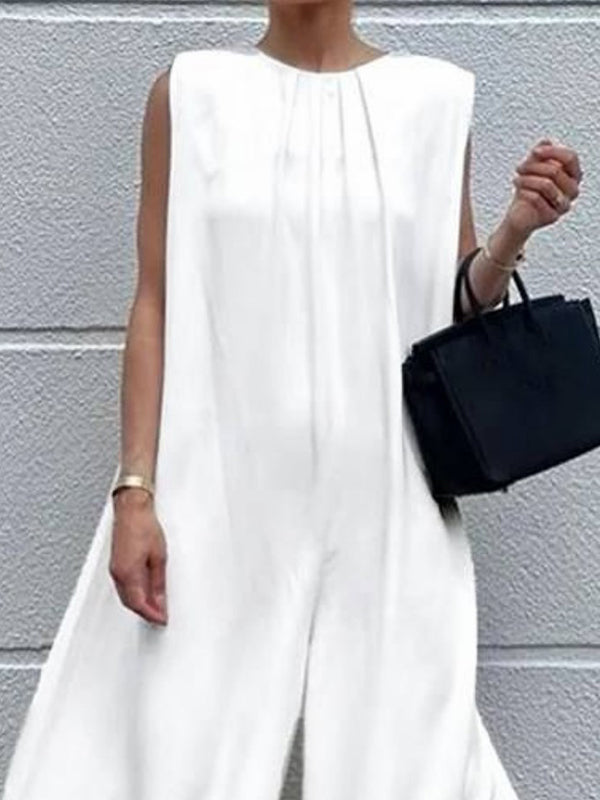 Solid Color Loose Sleeveless Round-Neck Wide Leg Jumpsuits