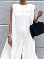 Solid Color Loose Sleeveless Round-Neck Wide Leg Jumpsuits