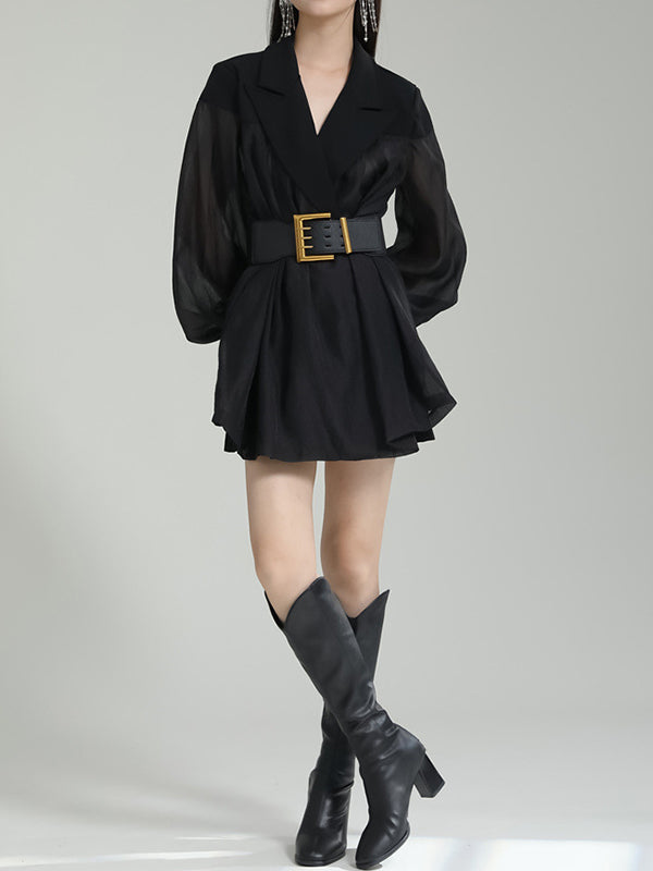 See-Through Split-Joint Tied Waist Loose Puff Sleeves Lapel Blouses&Shirts Tops