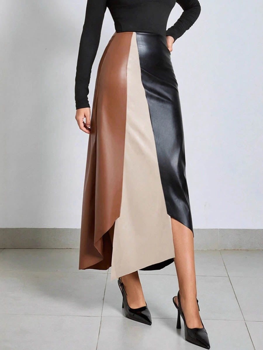 Asymmetric Contrast Color Split-Joint Split-Side Irregularity Skinny Skirts Bottoms