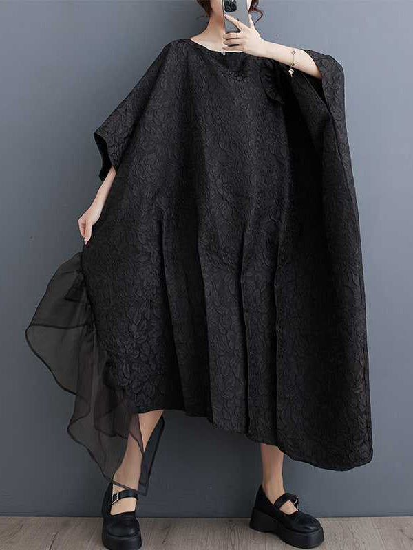 Asymmetric Flower Shape Gauze Jacquard Pleated Solid Color Split-Joint Batwing Sleeves Loose Round-Neck Midi Dresses