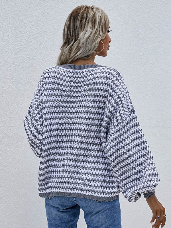 Original Loose Striped 8 Colors V-Neck Long Sleeves Sweater Top