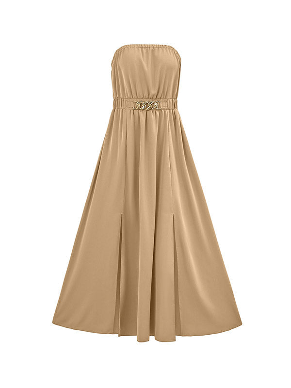 Belted Elasticity Split-Front A-Line Loose Tube Midi Dresses
