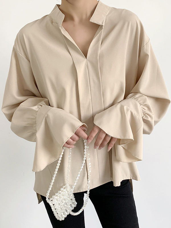 Buttoned Solid Color Split-Side Flared Sleeves High-Low V-Neck Blouses&Shirts Tops