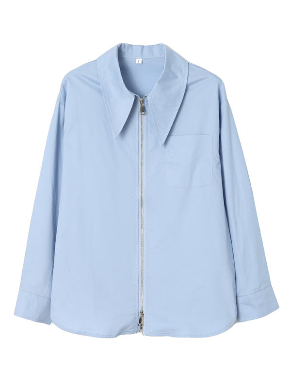 Long Sleeves Solid Color Zipper Lapel Collar Blouses