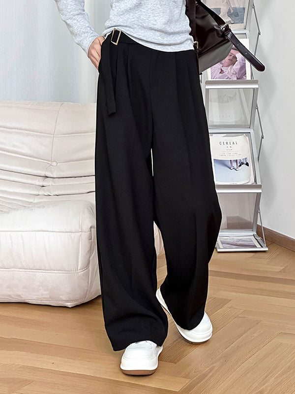 Belt Buckle Solid Color High Waisted Loose Trousers Suit Pants