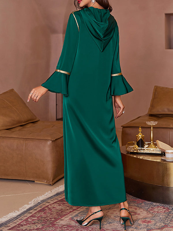 Rhine Stones Split-Front A-Line Flared Sleeves V-Neck Maxi Dresses