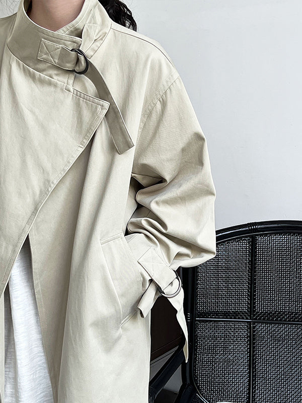 Asymmetric Buckle Solid Color Long Sleeves Loose Stand Collar Trench Coats