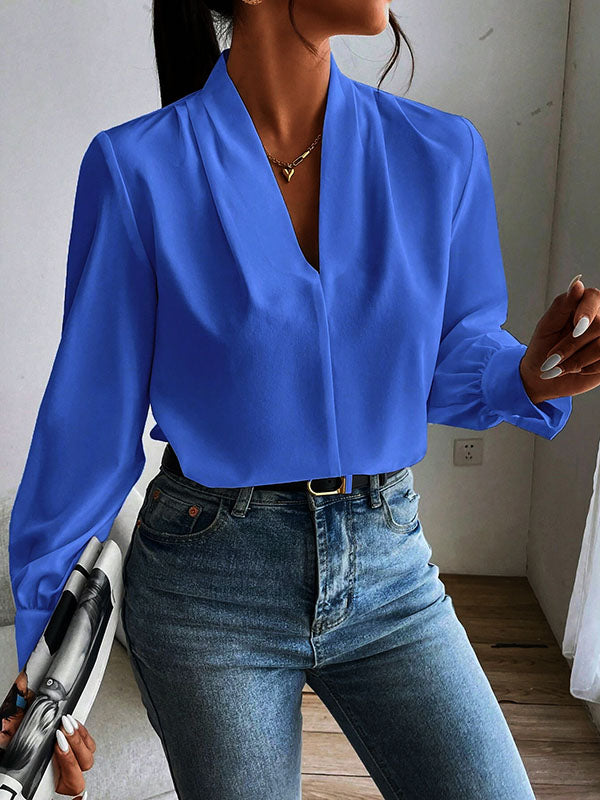 Pleated Solid Color Split-Joint Long Sleeves Loose V-Neck Blouses&Shirts Tops
