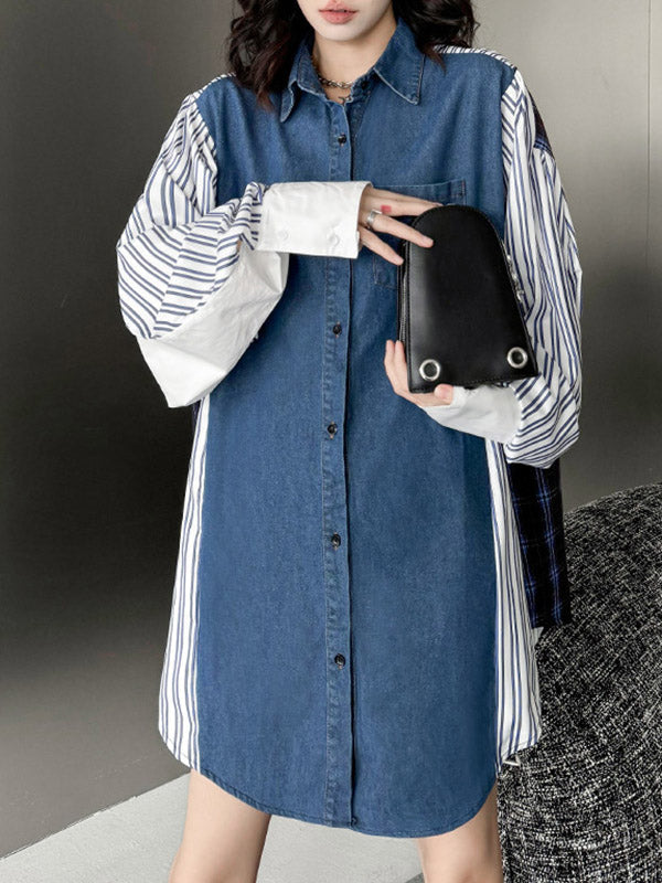 Buttoned Contrast Color Pockets Split-Joint Striped Long Sleeves Loose Lapel Blouses&Shirts Tops