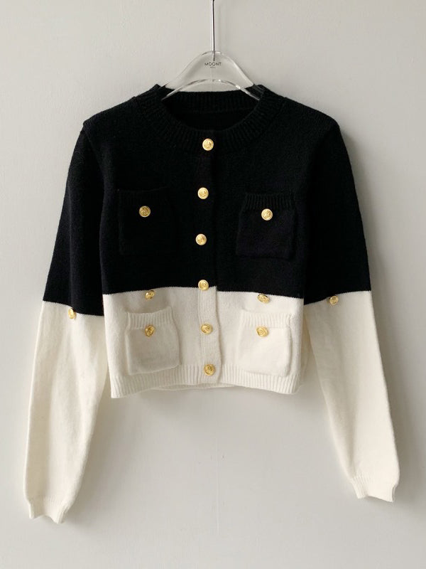 Buttoned Contrast Color Long Sleeves Round-Neck Cardigan Tops