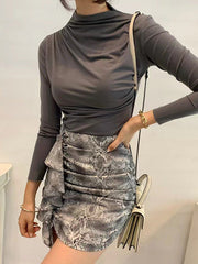 Pleated Solid Color Long Sleeves Skinny Mock Neck T-Shirts Tops