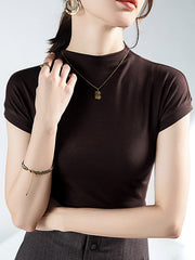 Solid Color Short Sleeves Skinny Mock Neck T-Shirts Tops