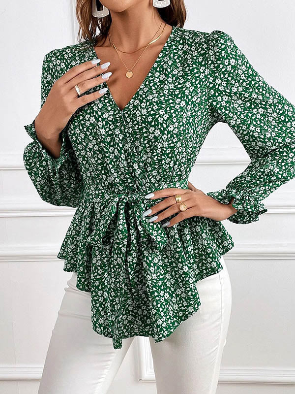 Flower Print Tied Waist Flared Sleeves Long Sleeves V-Neck Blouses&Shirts Tops
