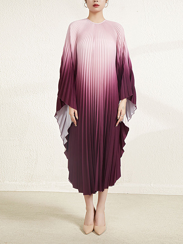 Gradient Pleated Batwing Sleeves Loose Round-Neck Midi Dresses