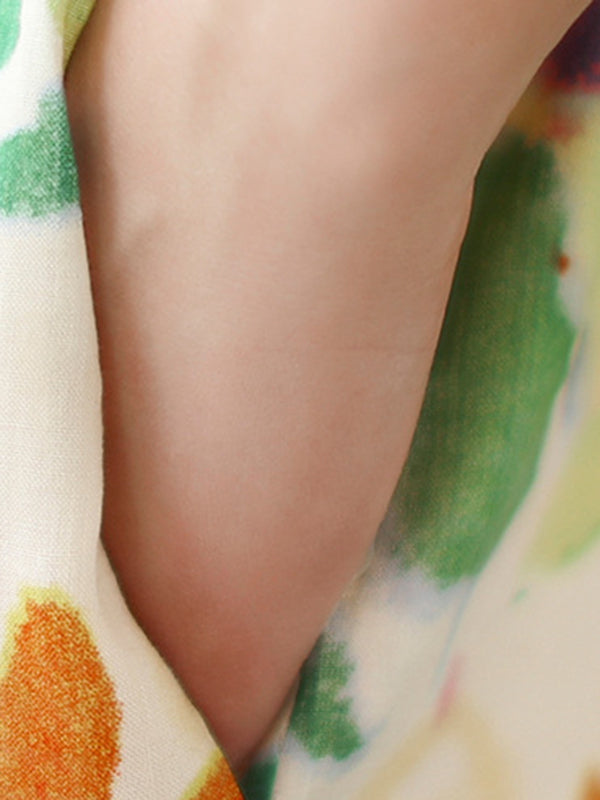 Printed Oversize Puff Sleeves Round-Neck Midi Dresses