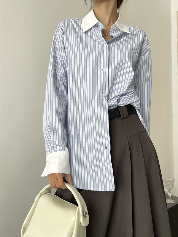 Pleated Split-Joint Striped Irregular Clipping Lapel Blouses