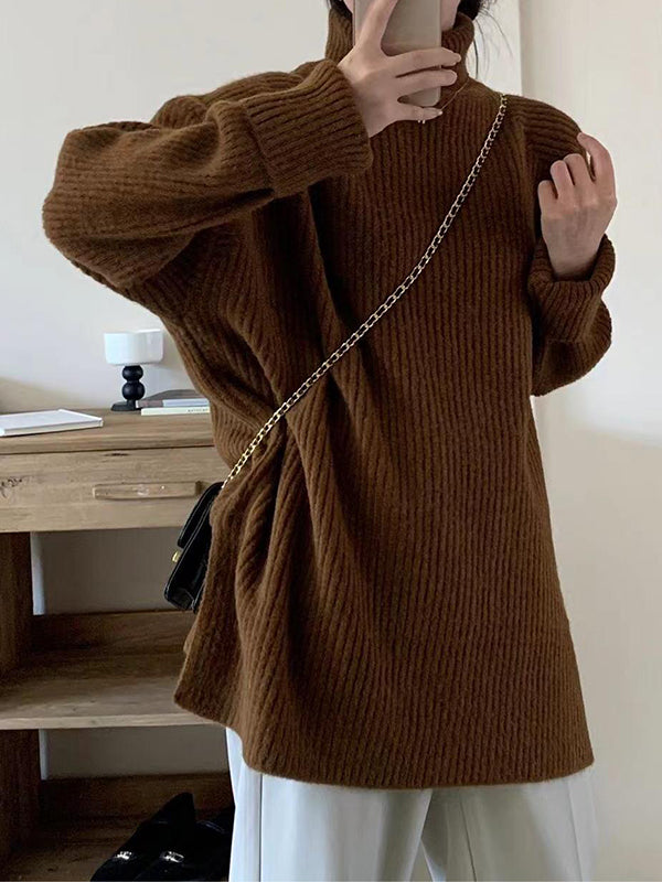 Solid Color Split-Joint Split-Side Long Sleeves Loose High Neck Sweater