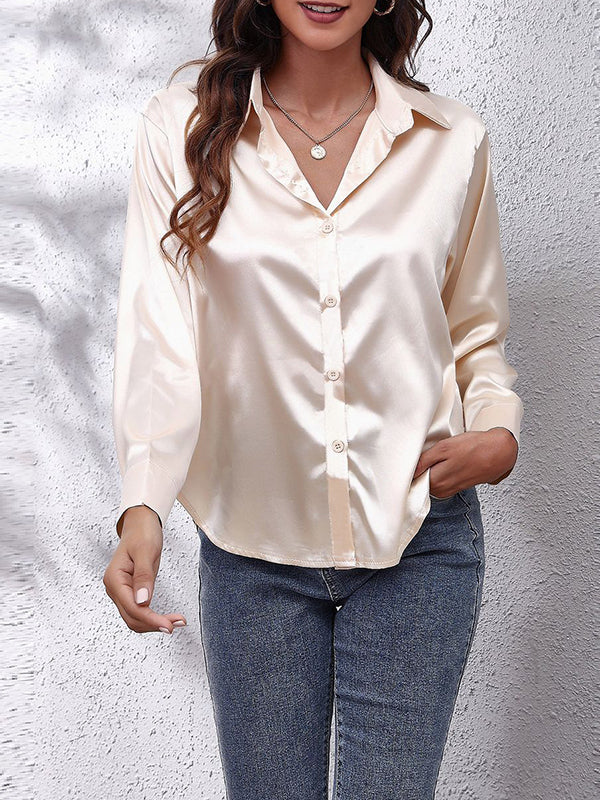 Solid Color Long Sleeves Loose Lapel Blouses&Shirts Tops