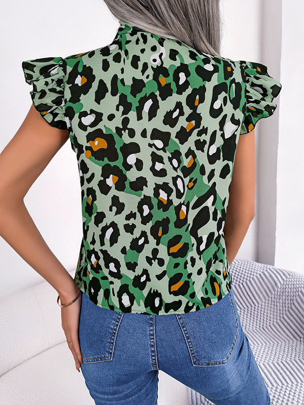 Leopard Cap Sleeve Loose Statement Collar Vest Top
