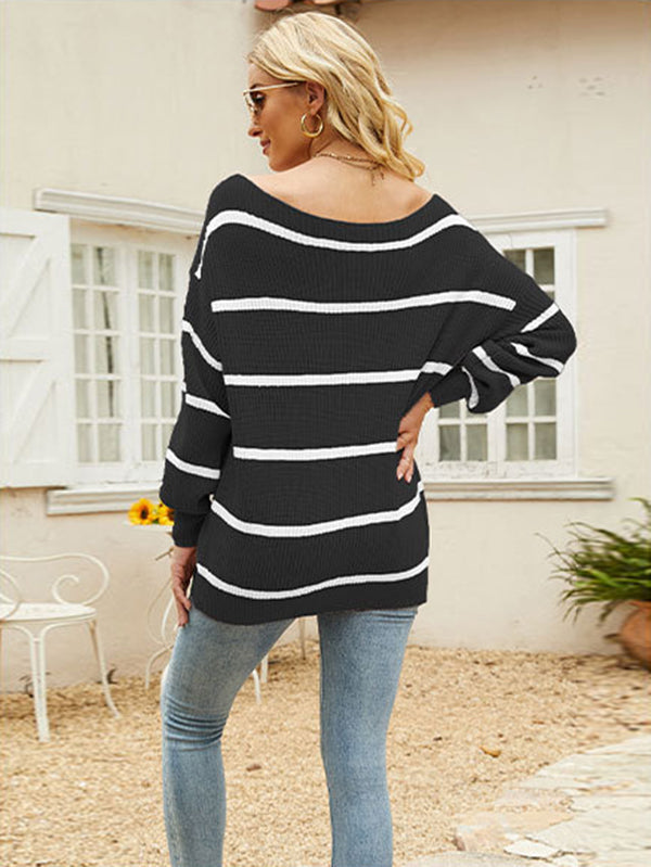 Long Sleeves Striped Off-The-Shoulder Sweater Tops