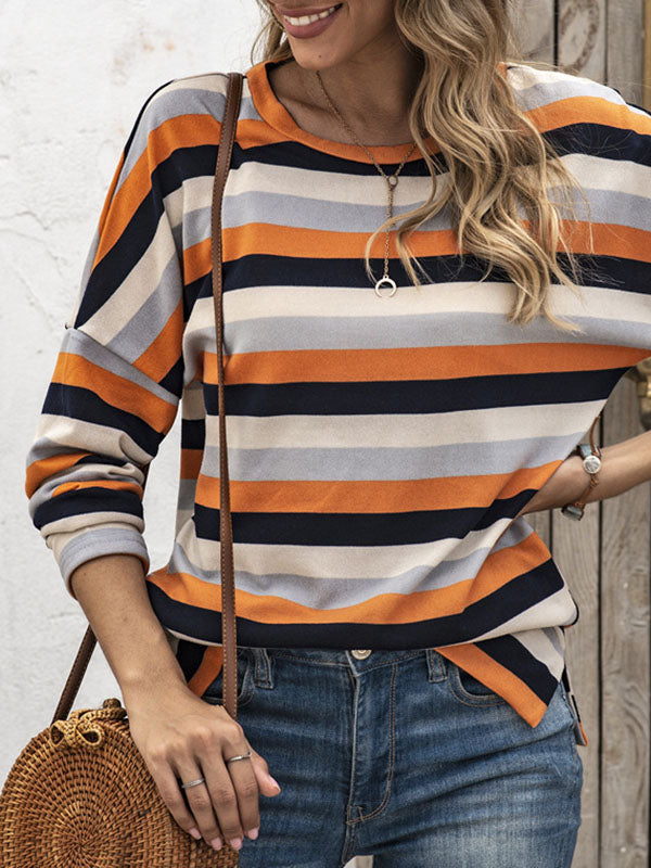 Split-side Striped Long Sleeves Loose Round-neck Sweatshirt Tops