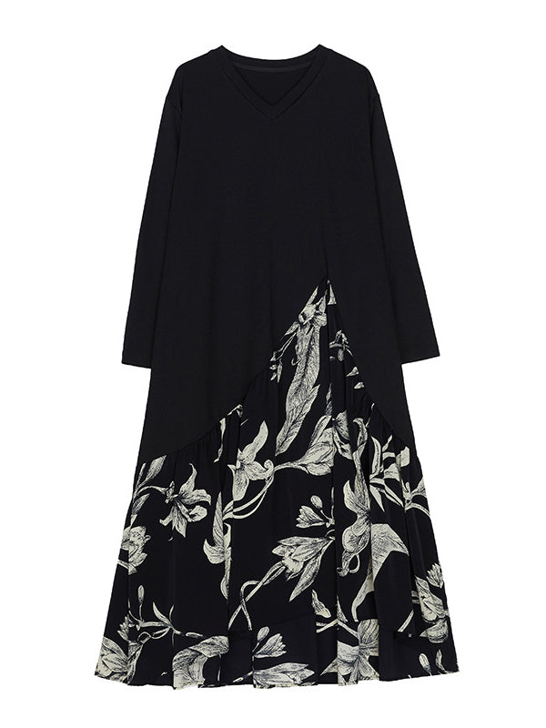 Asymmetric Flower Print Split-Joint A-Line High-Low V-Neck Midi Dresses