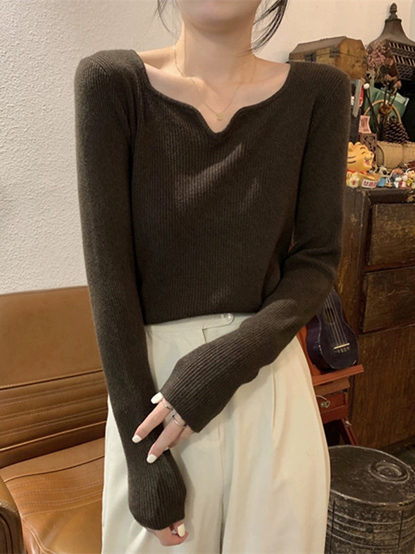 Colorful Solid Color Long Sleeves Skinny V-neck Sweater Tops Pullovers Knitwear