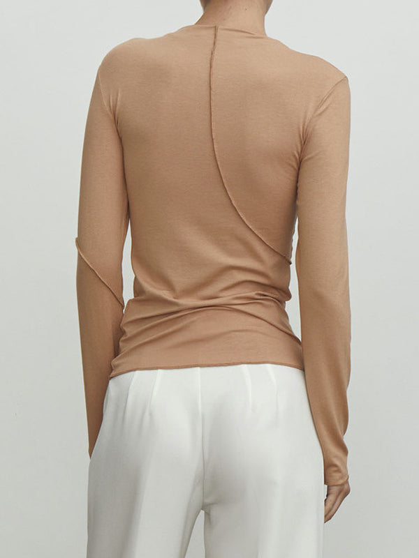 Asymmetric Solid Color Long Sleeves Skinny Mock Neck T-Shirts Tops