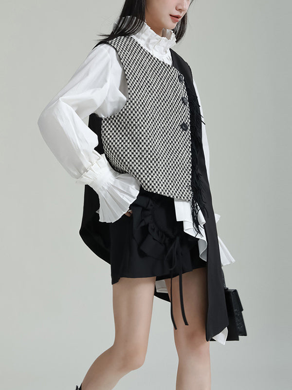 Asymmetric Buttoned Houndstooth Ruffle Sleeves Sleeveless Vest Outerwear