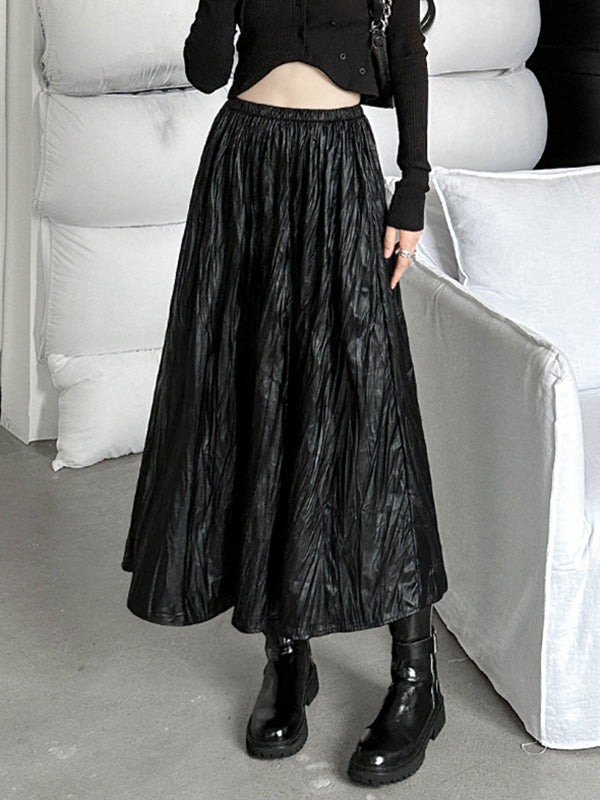 Elasticity Pleated Solid Color A-Line High Waisted Skirts Bottoms
