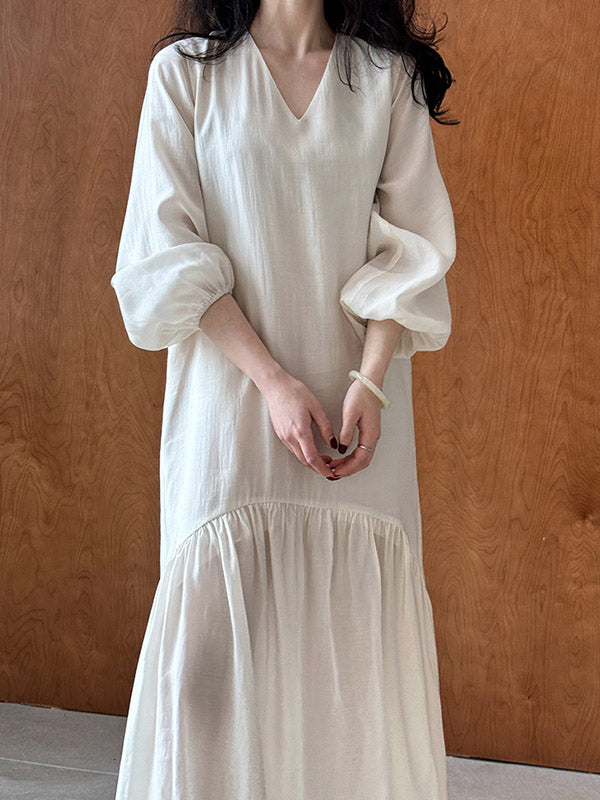 Elasticity Pleated Solid Color Split-Joint Zipper High Waisted Long Sleeves V-Neck Midi Dresses