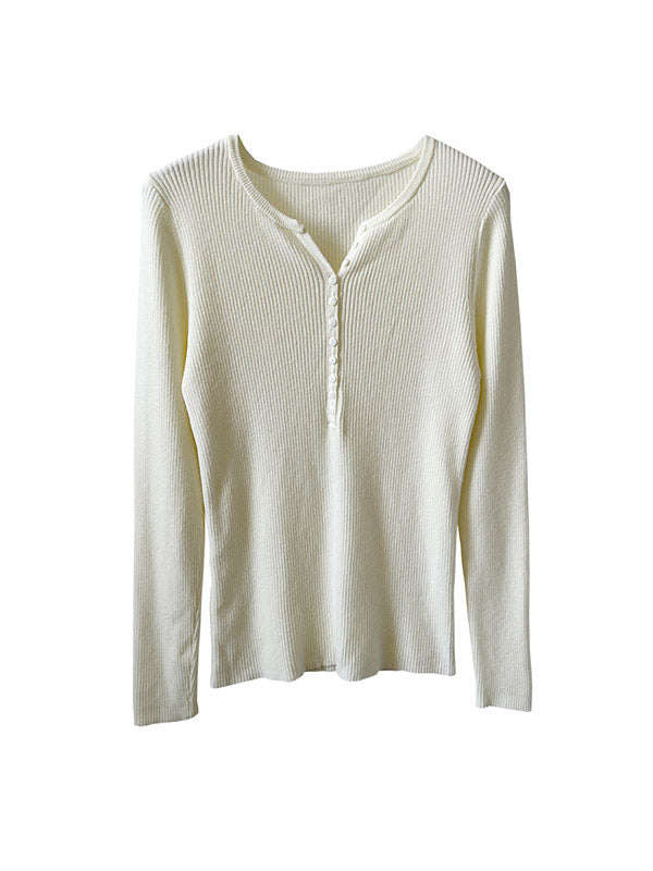 Buttoned Solid Color Long Sleeves Round-Neck Sweater Tops Pullovers