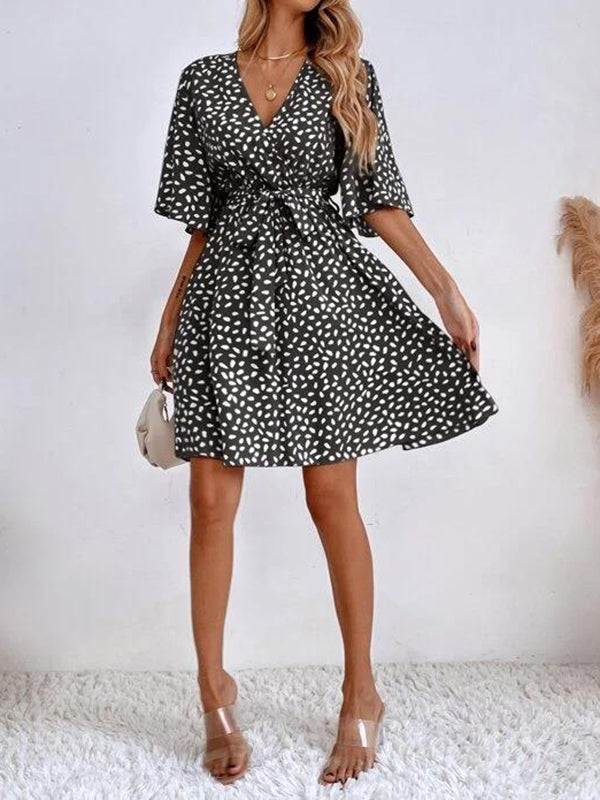Pleated Printed Ruffled Tied Waist Half Sleeves Loose V-Neck Mini Dresses