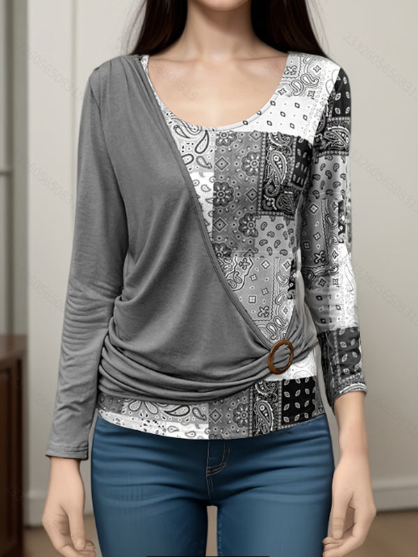 Asymmetric Buckle Contrast Color Pleated Split-Joint Irregularity Long Sleeves Round-Neck T-Shirts Tops