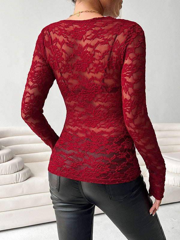 See-Through Solid Color Long Sleeves Skinny Deep V-Neck T-Shirts