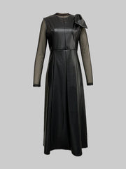 Bowknot Solid Color Split-Joint A-Line Long Sleeves Round-Neck Midi Dresses