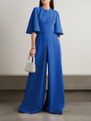 Loose Short Sleeves Solid Color Round-Neck Jumpsuits
