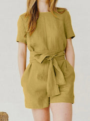 Solid Color Split-Joint Tied Waist Loose Plus Size Round-Neck Rompers