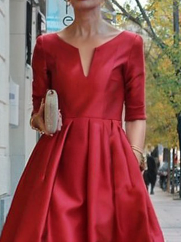 Solid Color Half Sleeves V-Neck Midi Dresses