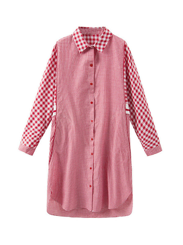 Buttoned Contrast Color Plaid Split-Joint High-Low Loose Lapel Shirt Dress Midi Dresses
