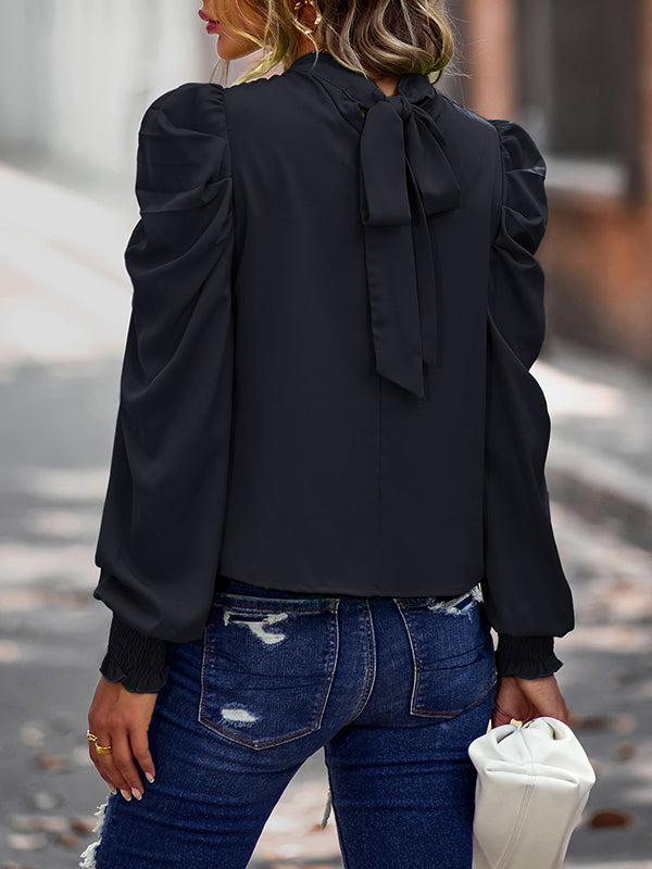 Pleated Solid Color Bishop Sleeve Long Sleeves Mock Neck Blouses&Shirts Tops