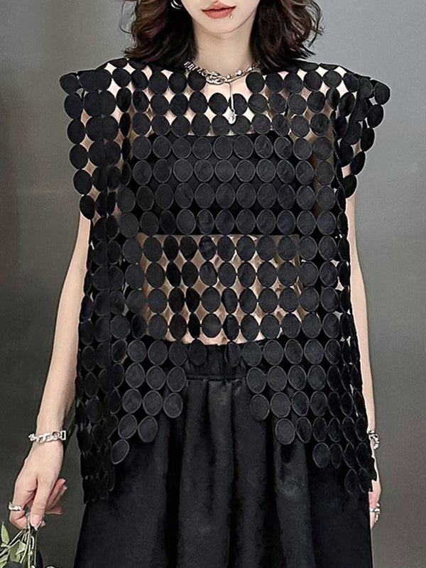 Hollow Solid Color Split-Joint Irregular Clipping Loose Round-Neck Vest Top