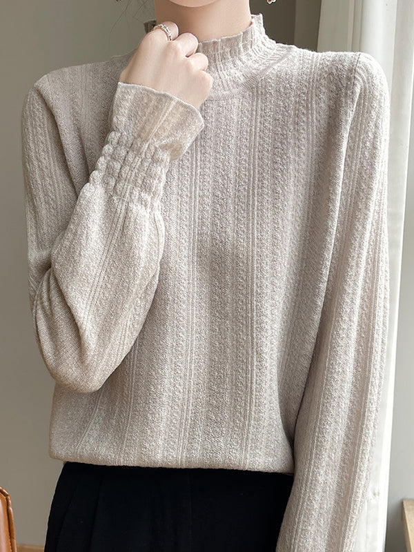 Elasticity Ruffle Trim Solid Color Long Sleeves Loose Mock Neck T-Shirts Tops