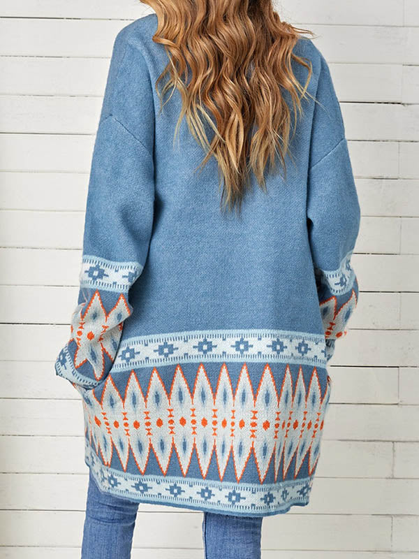 Contrast Color Long Sleeves Loose Collarless Cardigan Tops